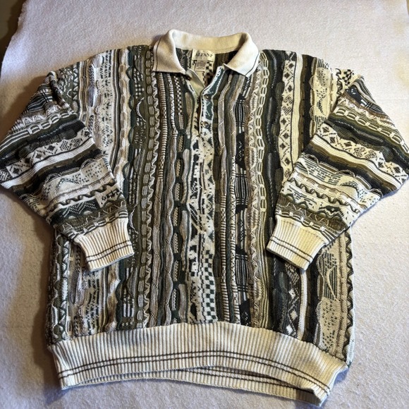 Alfani Other - Alfani Men's Textured 3D Knit Polo Sweater 2XL Green Cream Beige Pattern